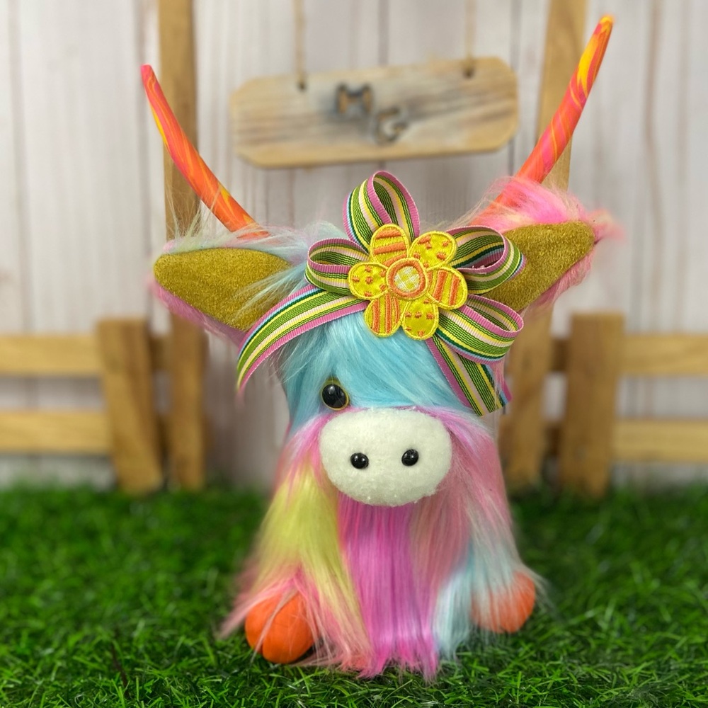 Handmade Highland Cow Gnome Colorful Faux Fur Clay Hooves & Horns Leather Ears